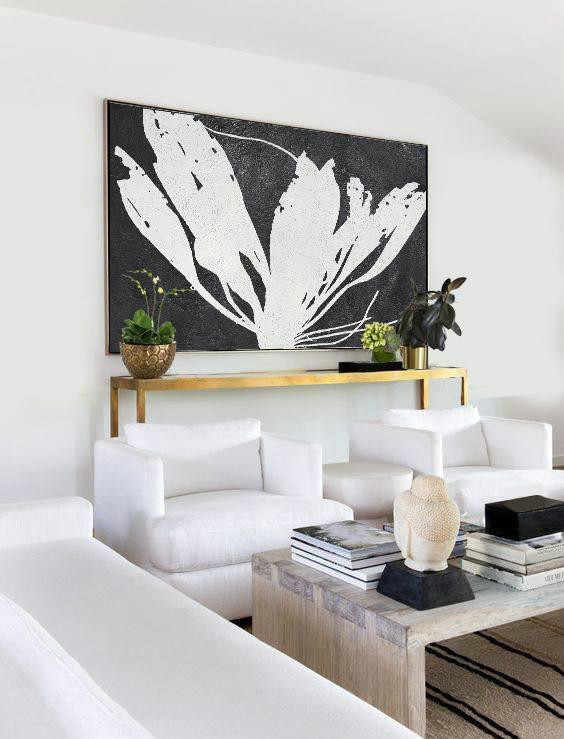 Big Art Canvas,Oversized Horizontal Minimal Art On Canvas, Black And White Minimalist Flower Art - Large Wall Art Canvas